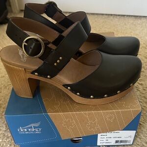 Dansko Black Leather Heeled Mules